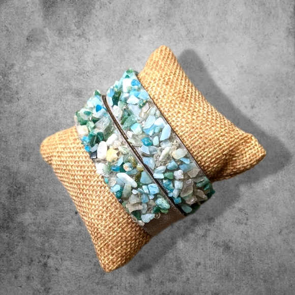 C1 Unique Natural Gemstone Double Wrap Bracelet Aqua Seafoam Green Mint Blue - Picture 13 of 17